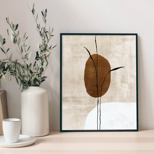 Delicate Vine Lines - Abstract Minimal Thin Lines Brown Oval Shaped Digital Painting - Wall Art Print for Bedroom, Office Room (Framed/Unframed)